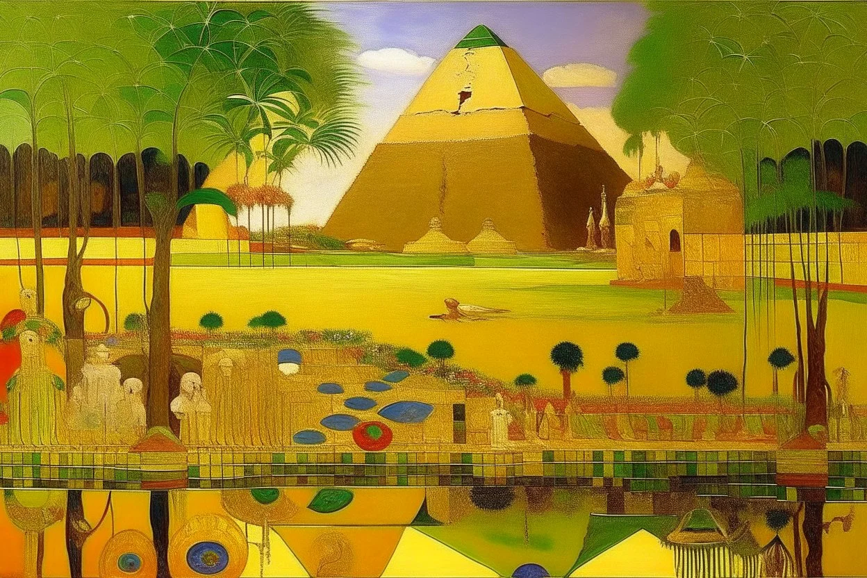 An oasis near a sphinx and pyramids painted by Gustav Klimt