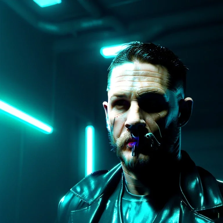 Actor, tom hardy, replicant man, blade runner style, rain, fog, neon ambient, gradient color, clean skin, circuits, latex coat, cyber punk, neon, tubes, portrait, studio photo, unreal engine 5, smooth color, 16 bit, god lights, ray tracing, RTX, lumen lighting, ultra deatail, volumetric lighting, 3d, finely drawn, hd.