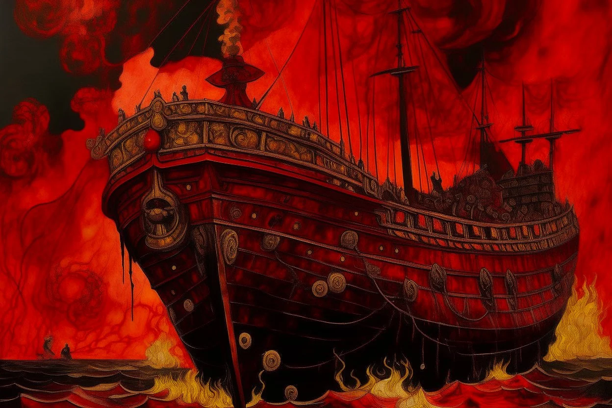 A dark red fiery volcano with a pirate ship painted by Gustav Klimt