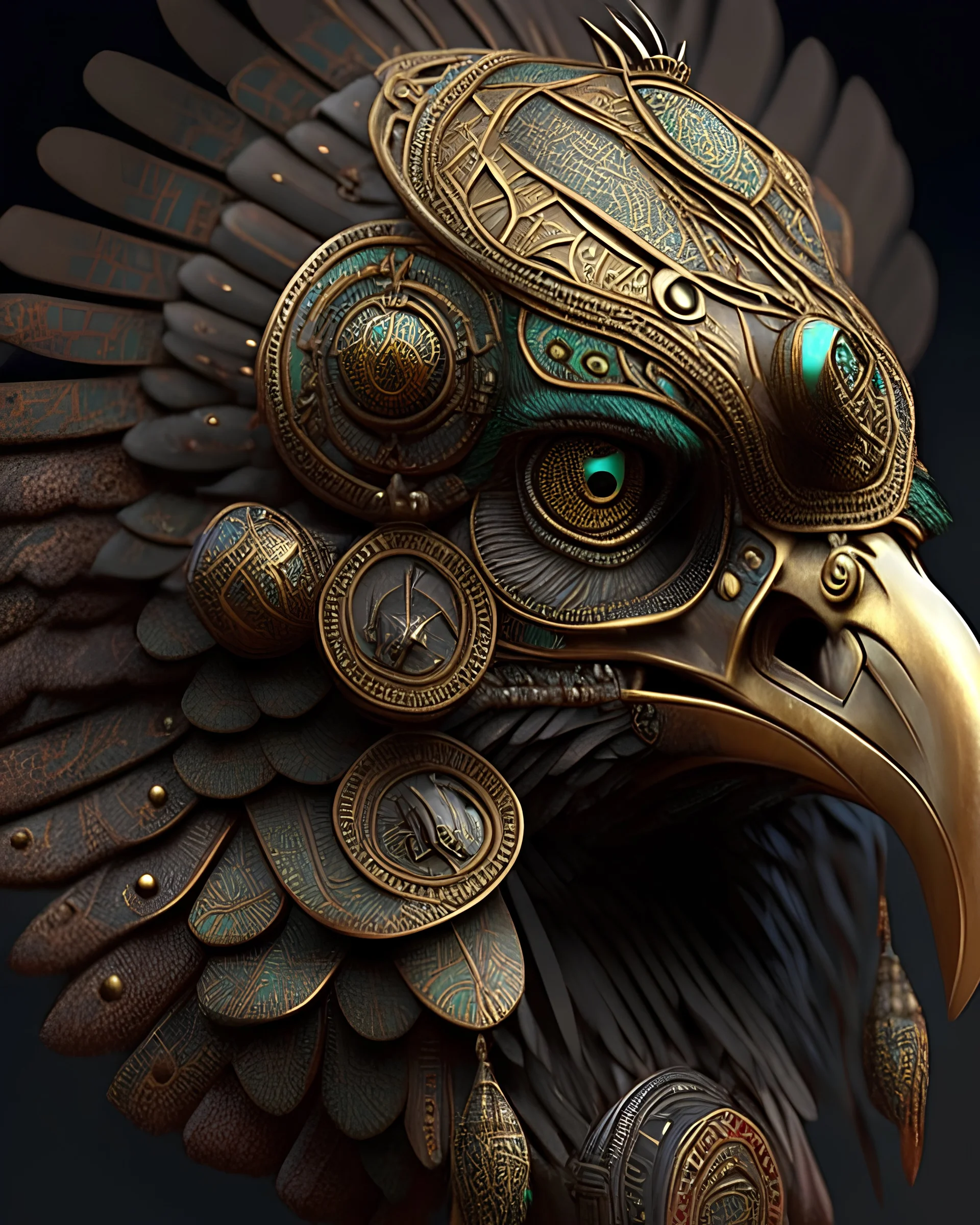 highly detailed jatayu head, steampunk, 3d traditional ornaments, ethnic details, intricated details, as trending in artstation,