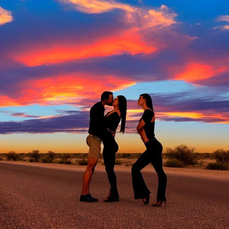 muscle car, man and woman kissing, desert road, sunset, full colour,