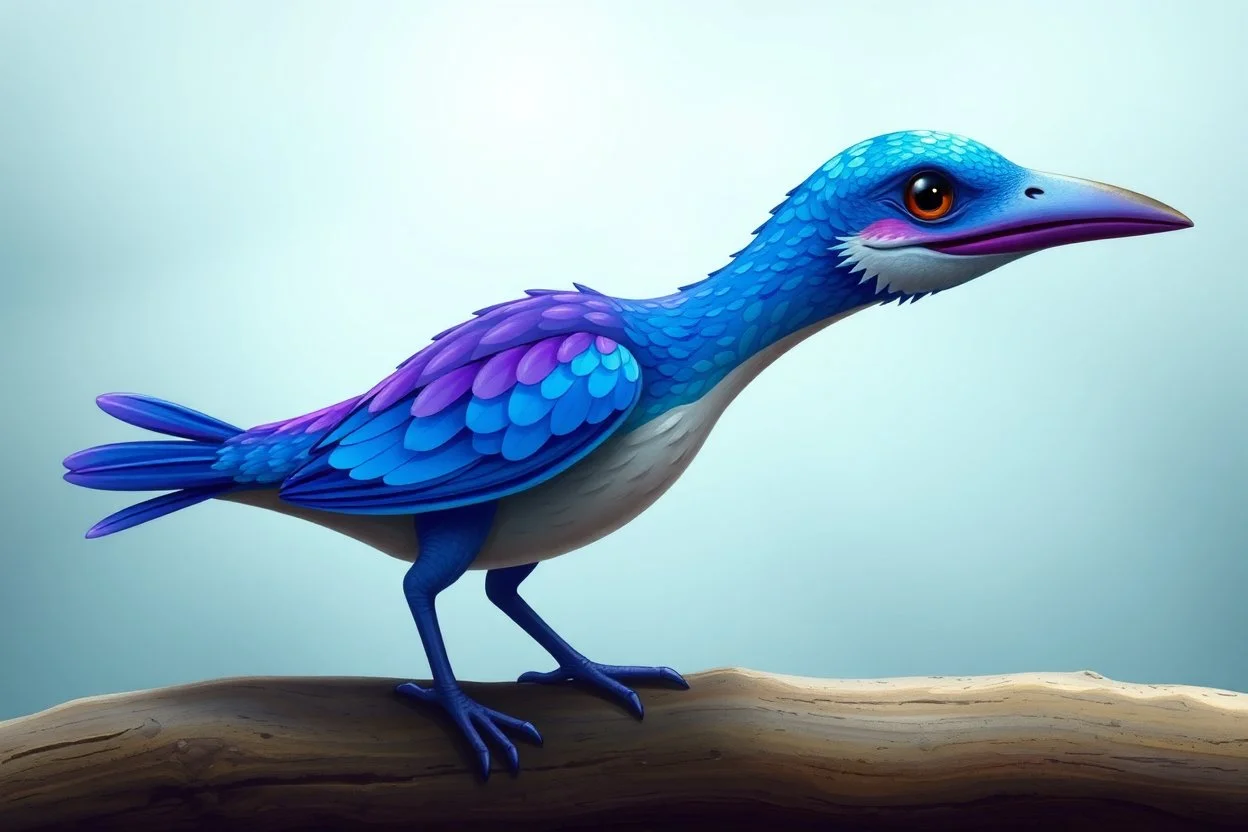 adorable blue and purple bird, elongated like a dino, with short beak