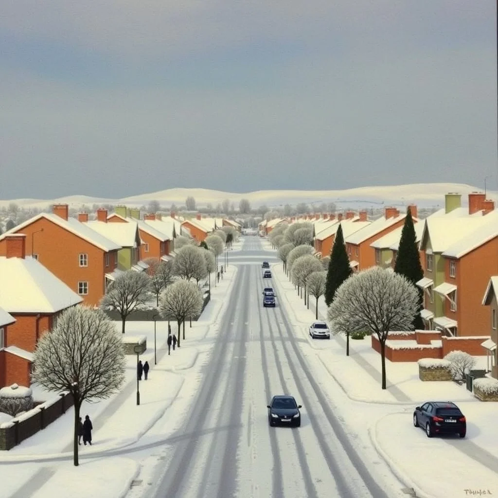 a glimpse of the suburban city, everything is covered in snow, the landscape seems to be made of felt, pastel colours, some people and cars, René Magritte style