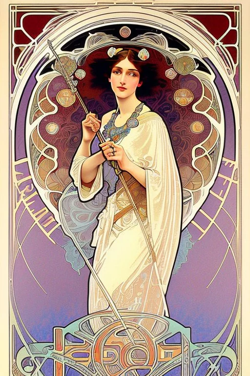 in the style of Alphonse Mucha’s Art nouveau, finely drawn 1920s woman with pale pastel colors
