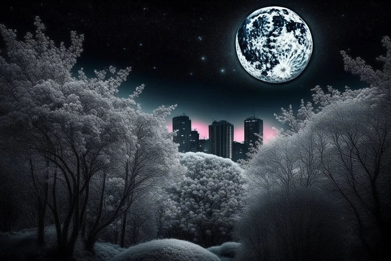 city, ice, night, moon, trees, flowers, influence