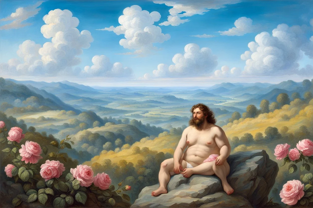 a handsome, fat man with a well-groomed, bearded face and long, curly hair. He is sitting naked on a rock, surrounded by a picturesque valley adorned with pink and yellow rose flowers. The spring sky above is adorned with breathtakingly beautiful clouds. like oil paintings 19th century