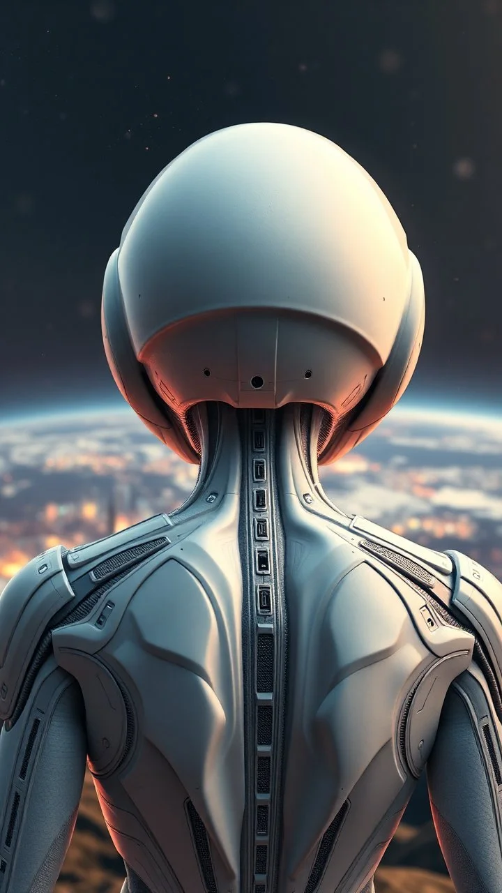 Photoreal Gorgeous godlike white alien cyborg rear view looking over a futuristic nuclear distraction of planet earth , in the style of fantasy movies, photorealistic, bokeh masterpiece smooth shading, ultra detailed, high resolution, cinematic, unreal 6, subtle shadows, octane render, 8k, cinema 4d, HDR, dust effect, vivid colors