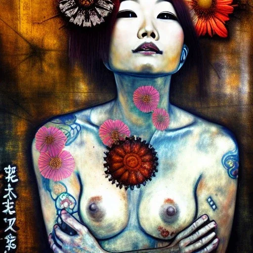 an abstract painting of rusted metal and flowers, beautiful smiling fullbody Yakuza Woman portrait, with fullbody japanese realistic tattoes, realistic,rust, scaffolding, iron cladding, decay, mixed media, textured, anatomically correct, beautiful perfect face, sharp focus, highly detailed by Gustav Klimt 8k