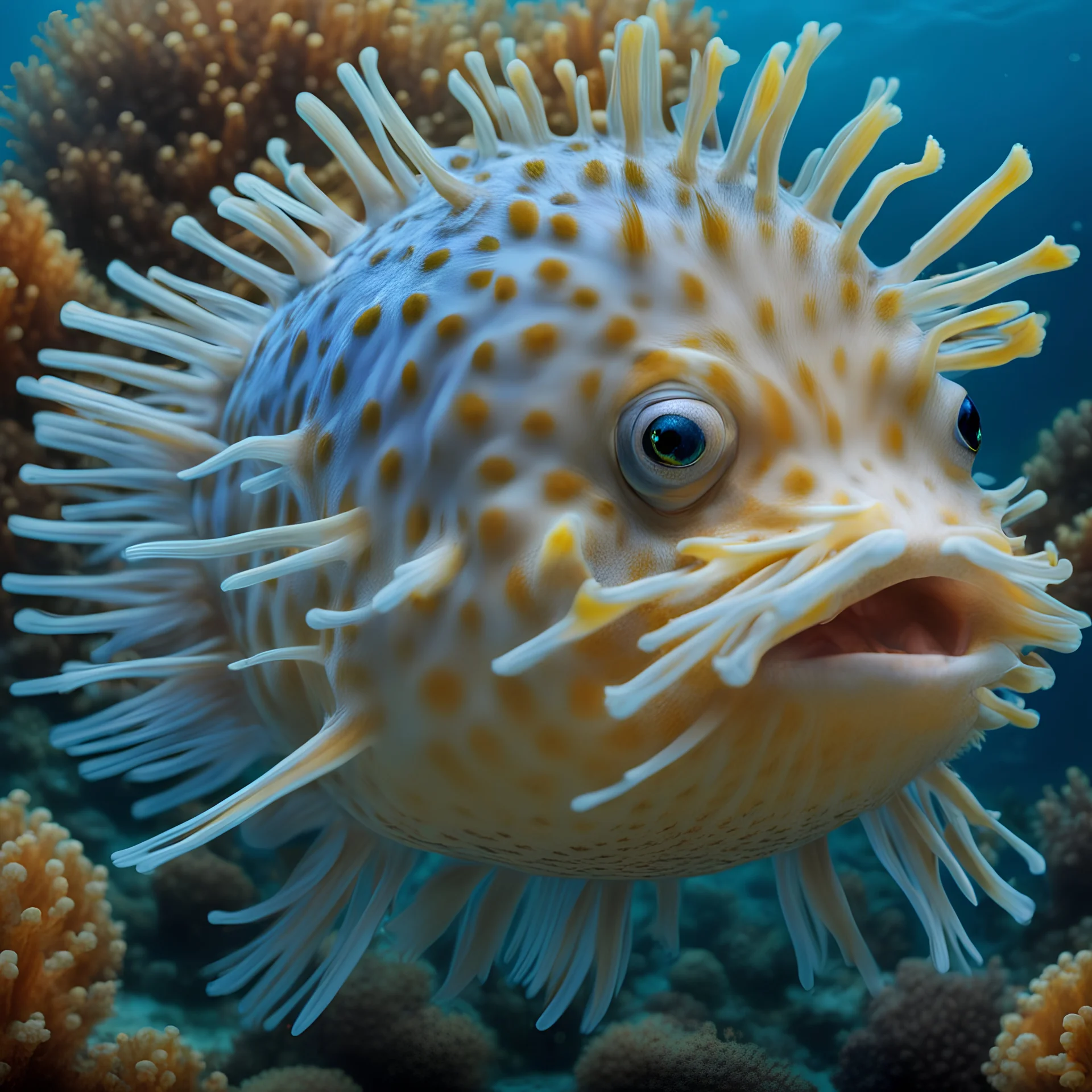 Pufferfish, amazing detail, vibrant colors, underwater, hyperreal, by Esau Andrews