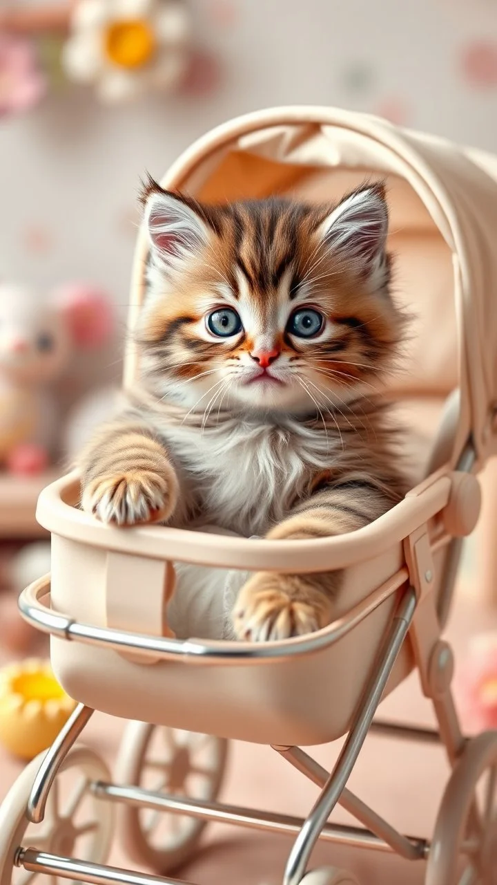 A baby pushing An extremely adorable fluffy kitten sitting in a baby stroller, wearing a small diaper. The stroller is pastel-colored, surrounded by a soft and whimsical background with toys and flowers. The kitten looks curious and playful, with big sparkling eyes and a soft light highlighting its fur. Ultra-detailed, photorealistic, soft focus, warm tones