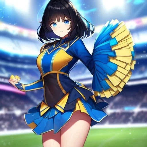 Clear Focus, High resolution, girl wearing a cheerleader outfit, blue eyes, medium hair length, black hair with a gradient of cyan