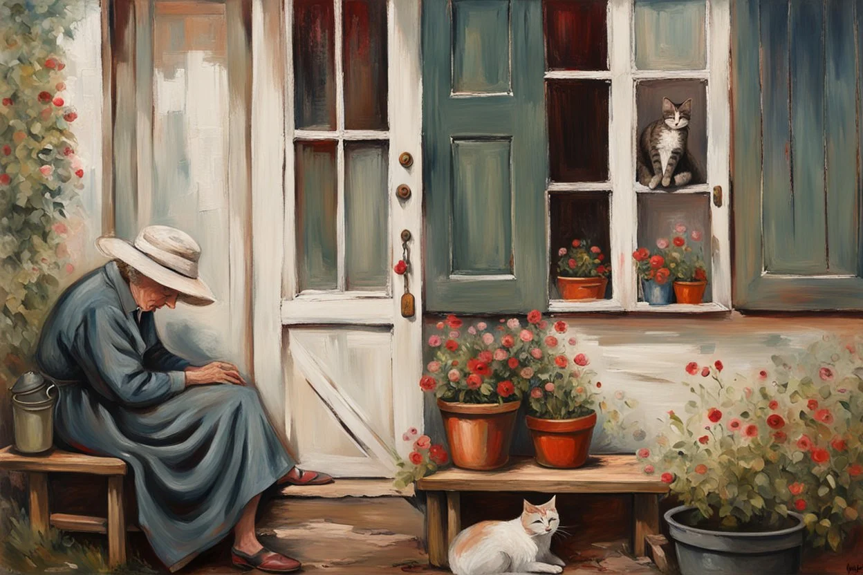 oil on roughened canvas, Textured Scumbling Technique, loose unstructured, Monet brush strokes. vintage feel. Old wooden Open housedoor with peeling paint, window next to door. An old woman with a curled sleeping cat beside her is sitting on an old tatty wooden bench. flowers, and pots. scruffy rundown pop hue of red