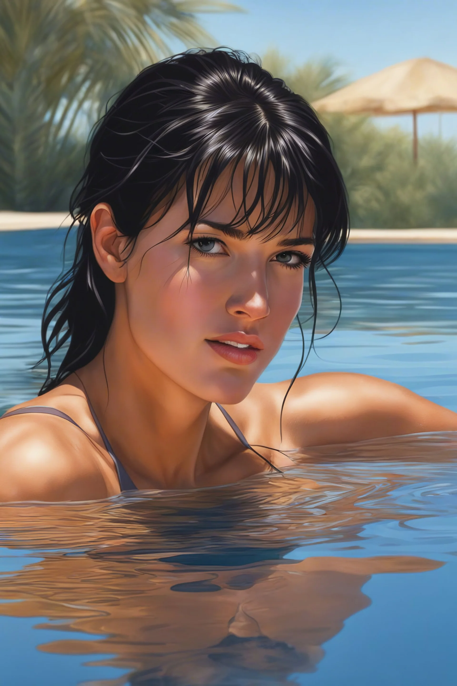 Photorealistic, hyperrealism, Dazzling, Complex, dramatic, bold, attractive Phoebe Cates, perfect, Athletic, toned body with tanned skin, perfectly formed body, at the swimming pool, extremely detailed