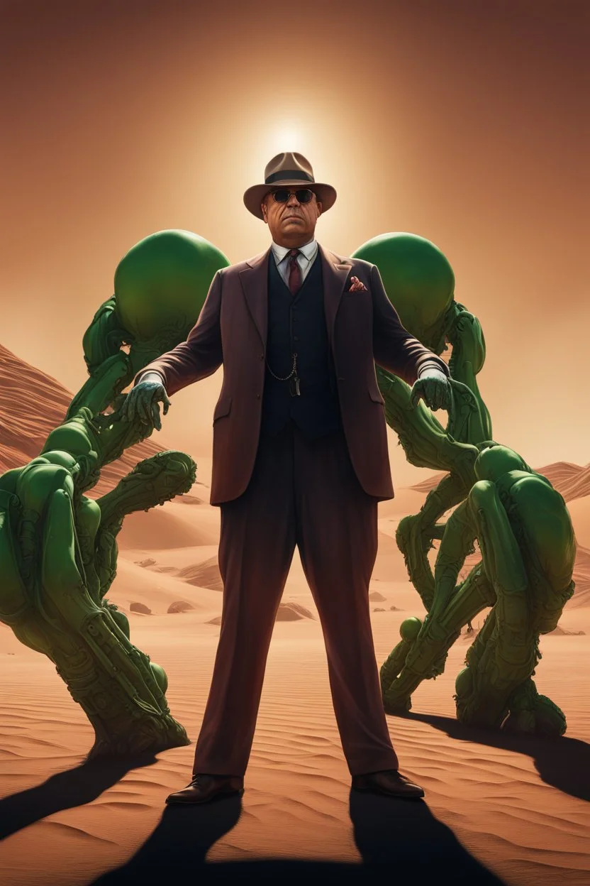 chiaroscuro, deep shadows, masterpiece, rich deep colors, highly detailed portrait, 500,000,000 years in the future, Al Capone standing in the desert wastelands of Mars next to an extremely muscular giant green Martian with four arms, 4k, 8k, 16k, 32k. 100k UHD, extremely detailed skin texture, hyper-realistic, photorealistic, Realism Engine, Realistic Vision V