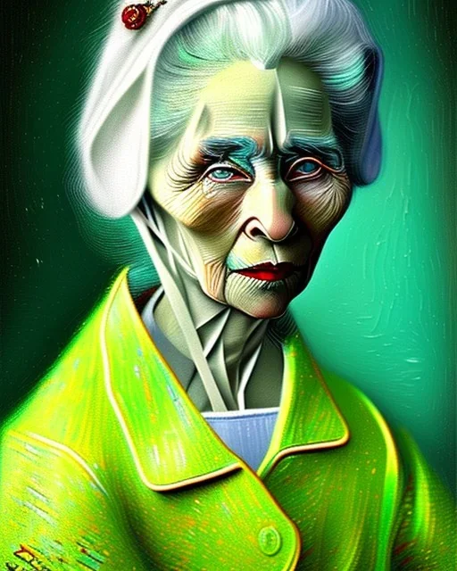 Portrait of an old woman with green eyes and white hair in the style of van gogh