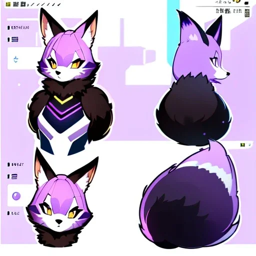 a fox fursona, furry, fursona, fursona reference sheet, high quality, 8k, fox tail, winged, fur, anthropomorphic, master quality, cyberpunk, backlighting, soft lights, black and purple color pallet