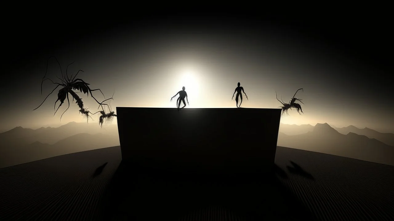 Un doble autorretrato emerge de cajones corporales abiertos mientras una sombra revela una figura distinta; hormigas ascienden por una superficie pulida. El horizonte bajo y el cielo inmenso generan una perspectiva profunda donde la luz dura acentúa la metamorfosis entre cuerpo y paisaje, evocando ciencia y misticismo entrelazados.