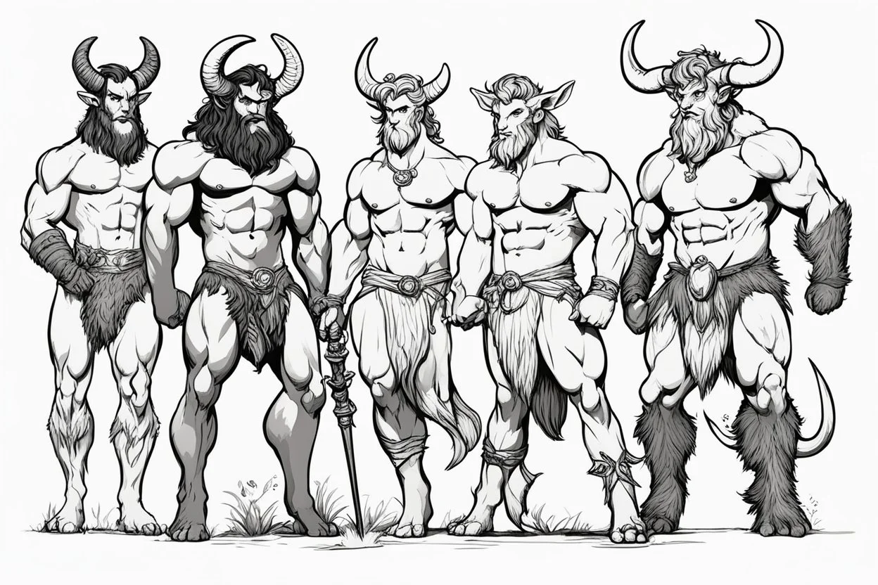 a creative line of creatures on the same specie: faun, satyr, centaur, minotaur from left to right. Standing for the purpose of a movie