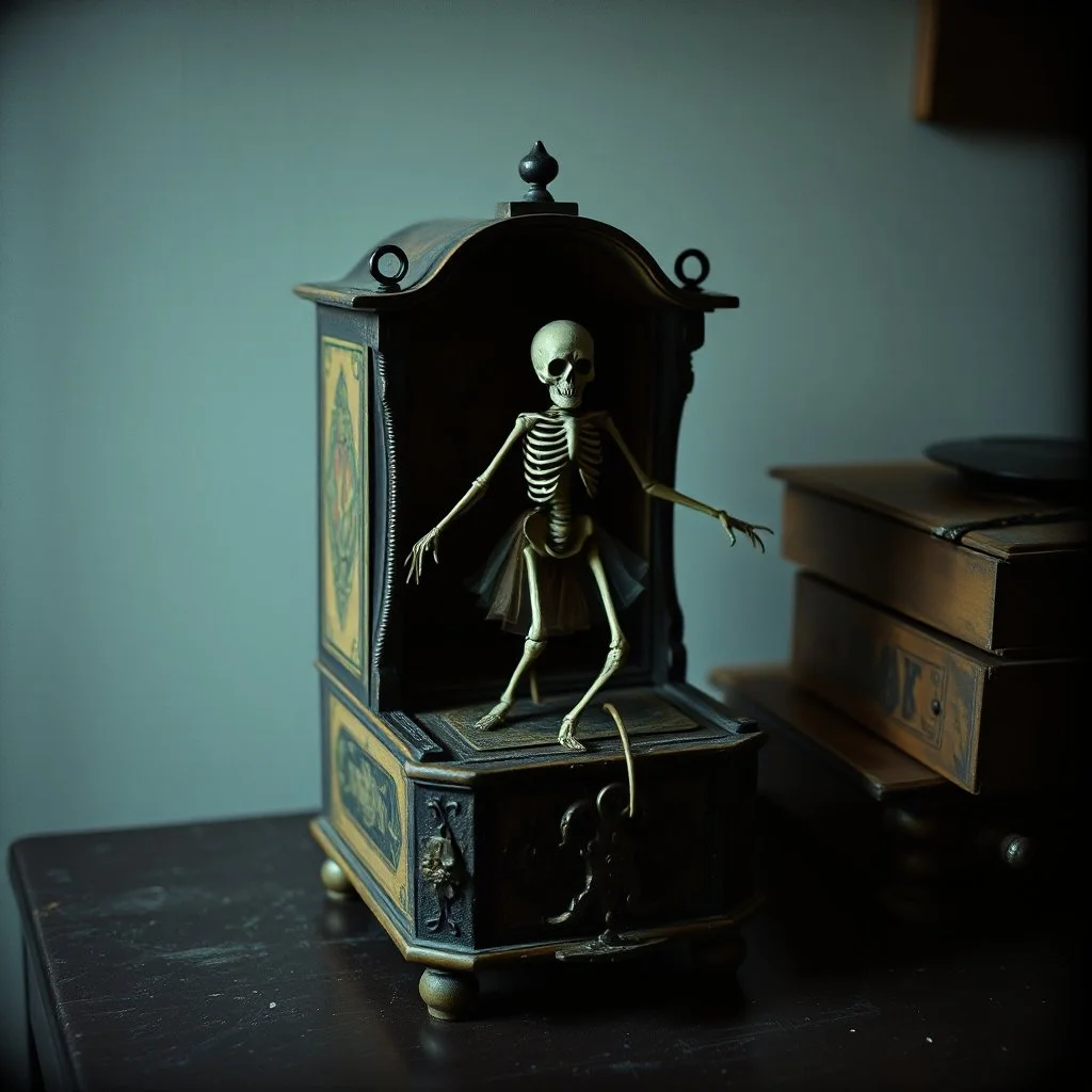 arcane, found footage, unsettling dread. The grainy photograph of a cursed music box, dull colors exacerbating an atmospheric gloom. gnarly skeletal ballerina, unusual juxtapositions, dusty desk, dark negative space,