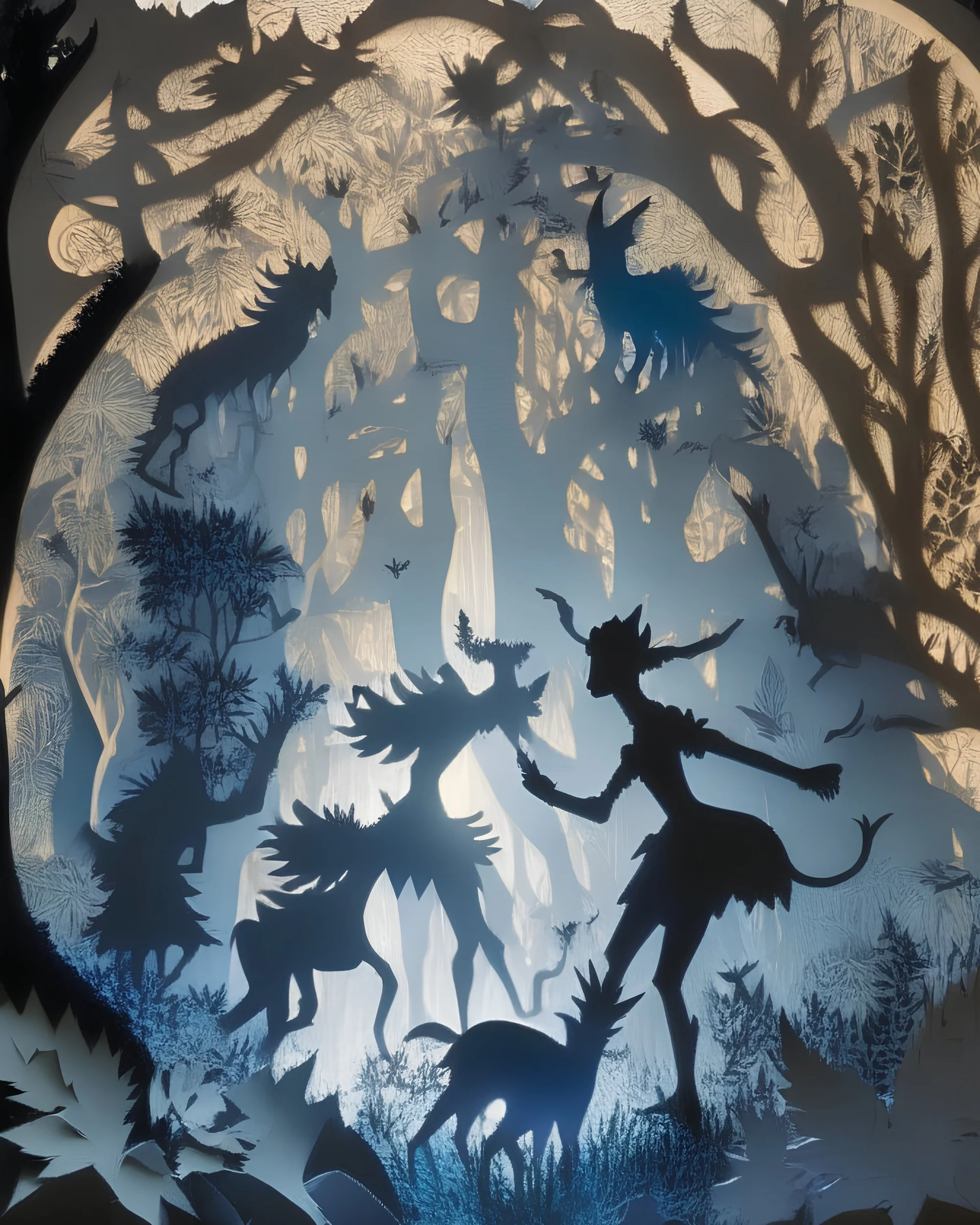 A vivid and enchanting depiction of mythical creatures frolicking in an otherworldly forest, in the style of paper-cut shadow art, intricate silhouettes, layered compositions, and delicate lighting, 22K resolution, inspired by the works of Kara Walker and Hans Christian Andersen, inviting viewers into a magical world of folklore and wonder.