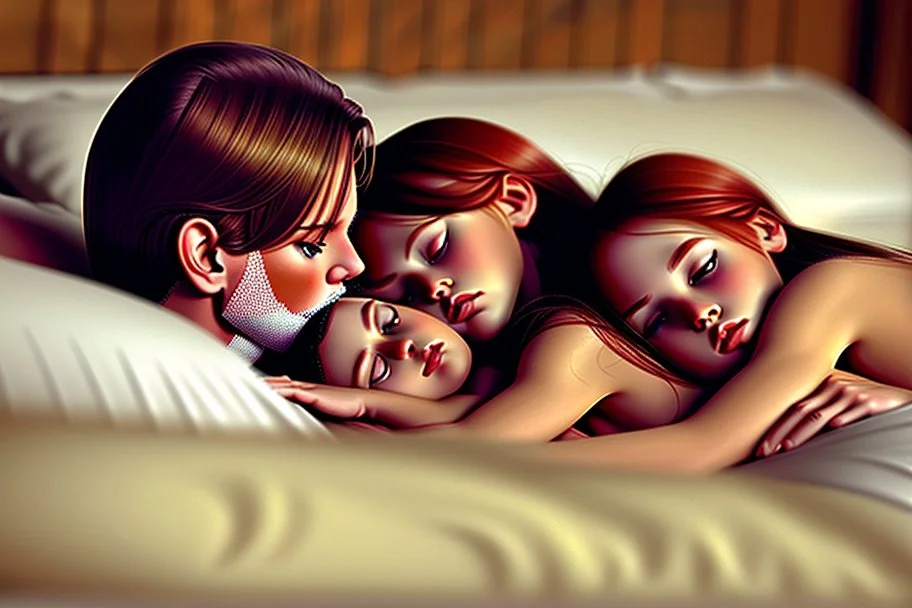 digital art of beautiful auburn hair teenage laracroft girls with grandpa in a bed, hugging grandpa bare lips