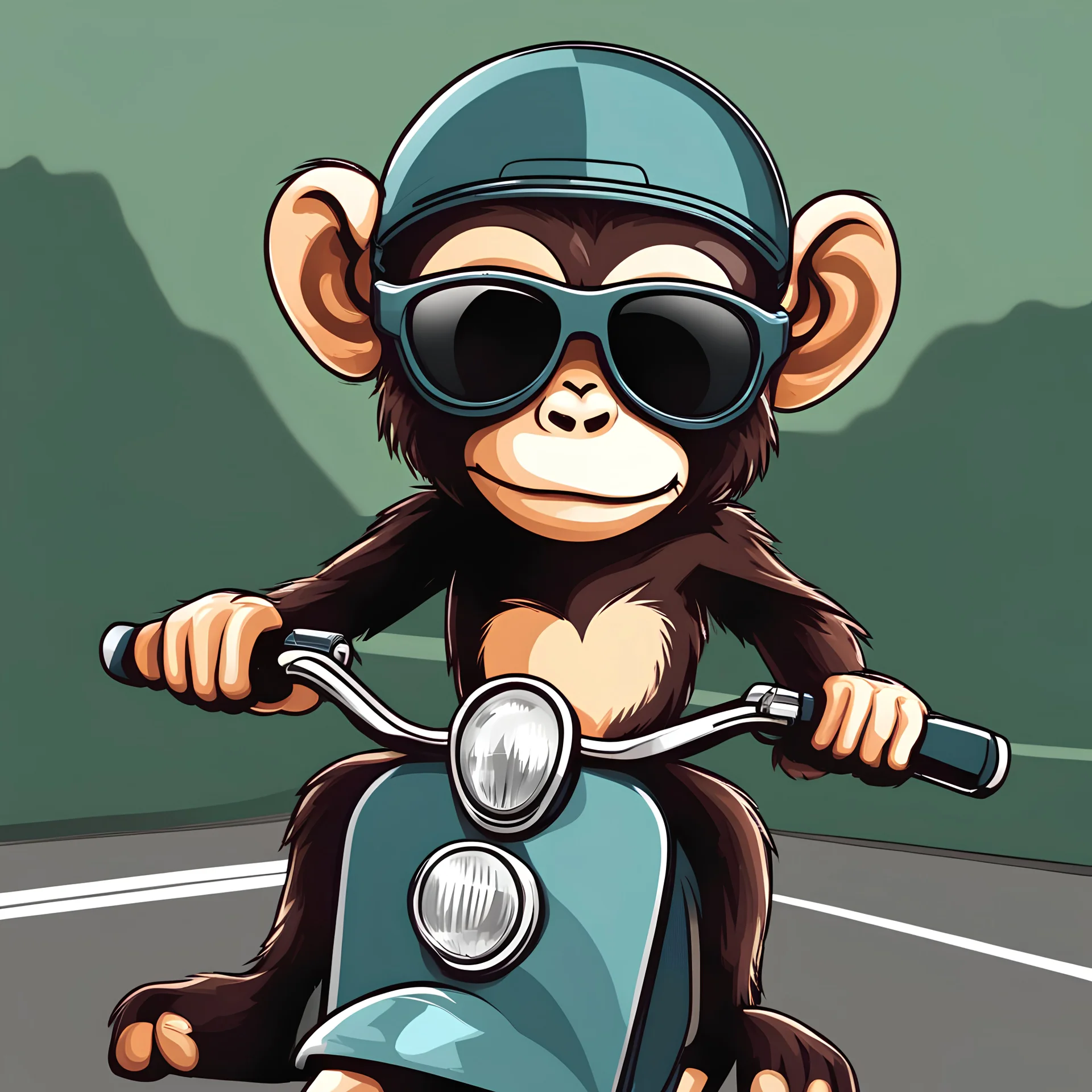 Monkey riding a scooter with sunglasses, cartoonize, dricing on a curve highway