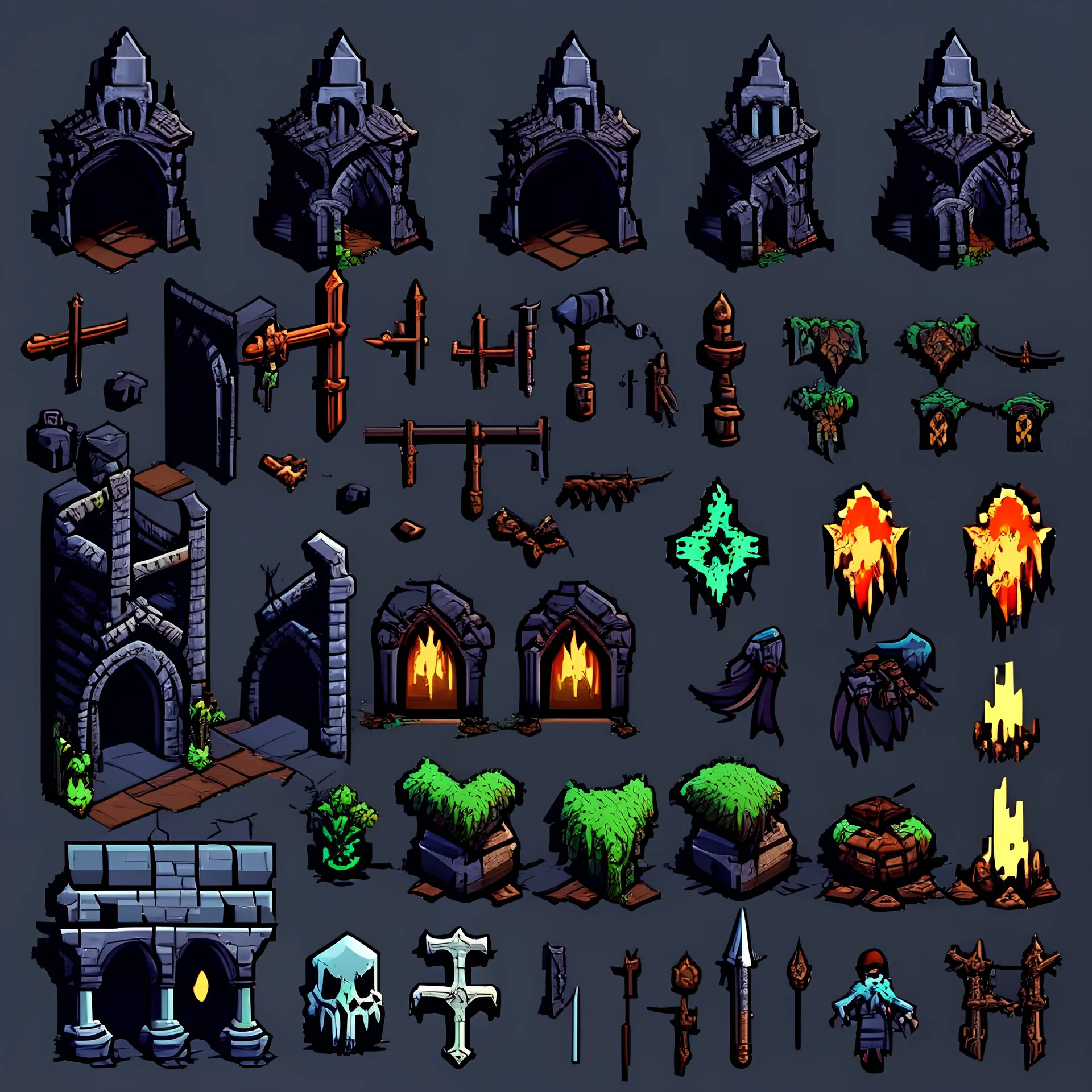 sprite sheet, rpg maker 2D art, top down assets for a post-apocalyptic dungeon crawler, underground, churches, fighting demons