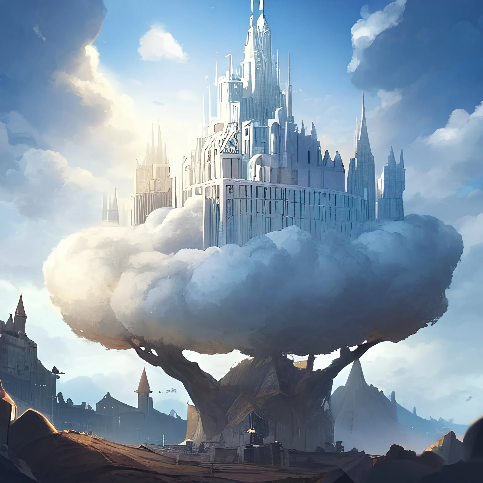 big white castle on a hill, surrounded by clouds