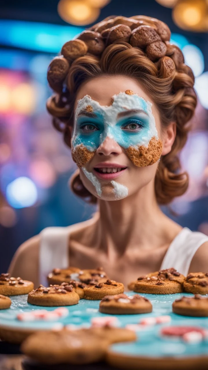 portrait of horny cute woman with cookie and gel ice mask , baker of the highest many storied advanced art cake sculpture during a casino game show, bokeh like f/0.8, tilt-shift lens 8k, high detail, smooth render, down-light, unreal engine, prize winning