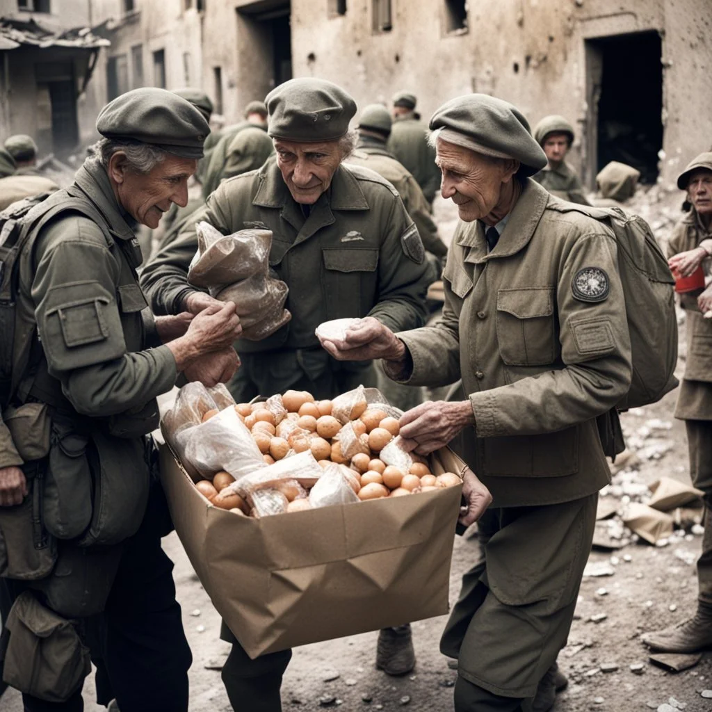 handing out food in war torn Europe from military to starving children