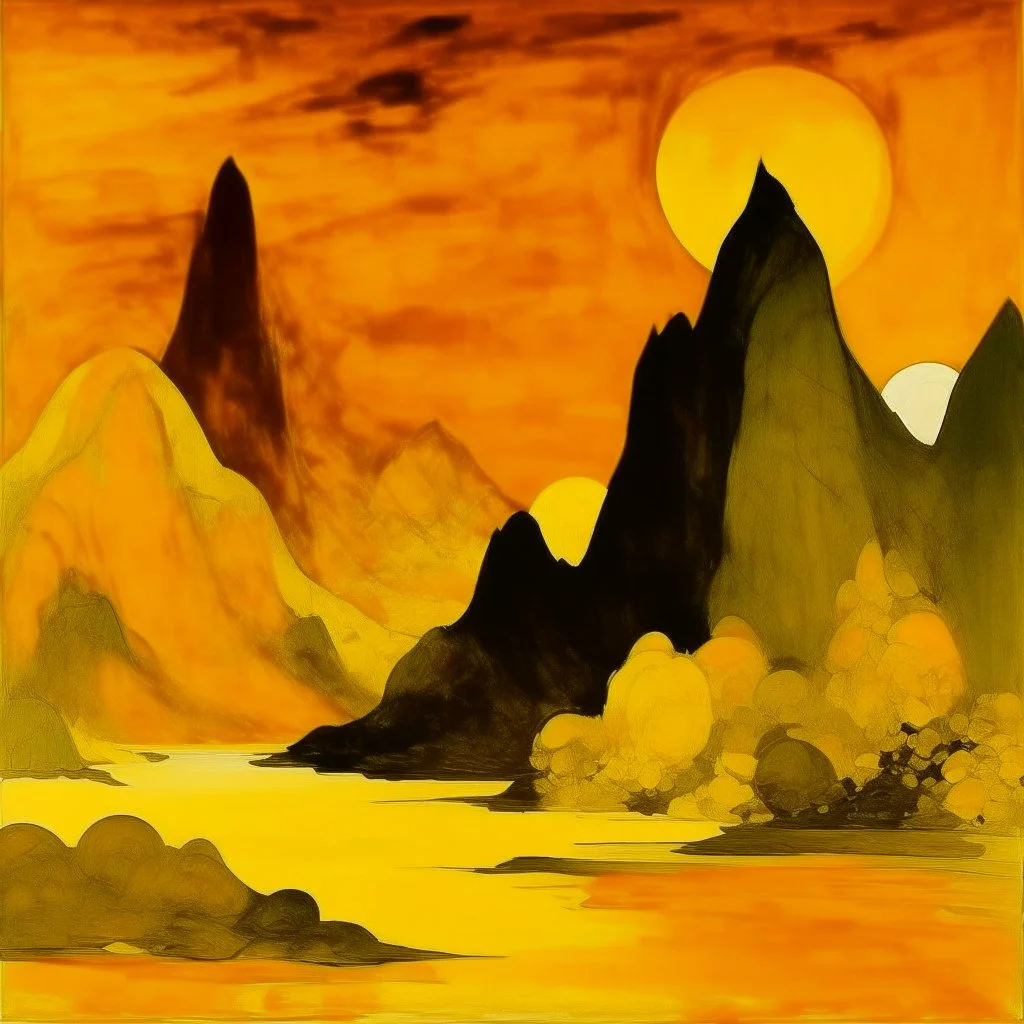 A golden yellow mountain with acid pools painted by Lyonel Charles Feininger