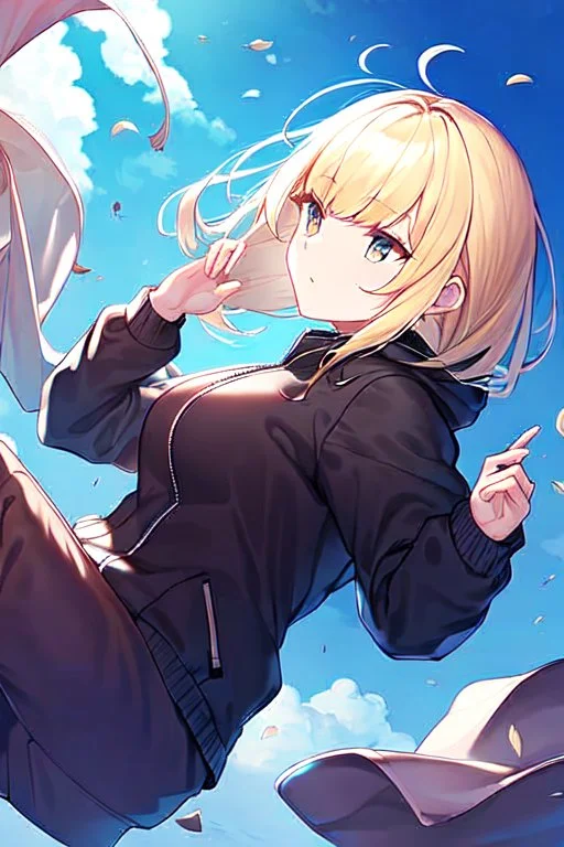 blonde girl falls with jacket fall from the sky, sky falling