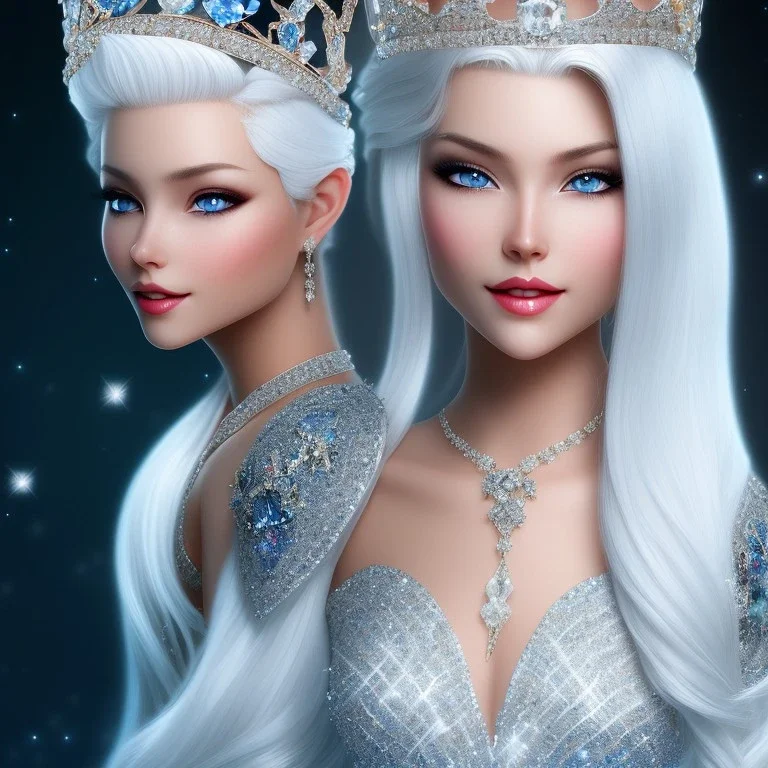 Ice Princess with white hair smilling, a crown with precious stones, bright background