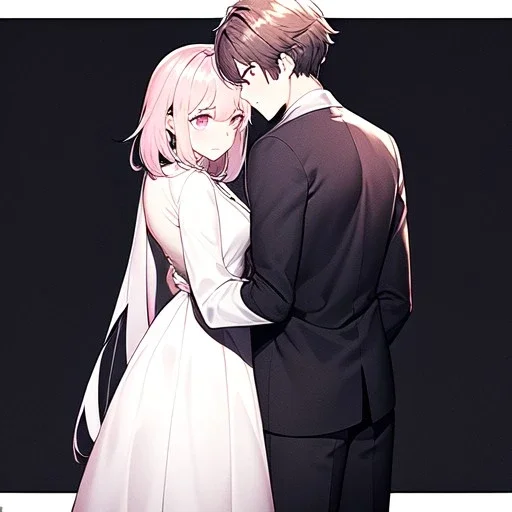 anime couple. couple is wearing black n white.couple standing with their backs towards each other.background is pink and blue.