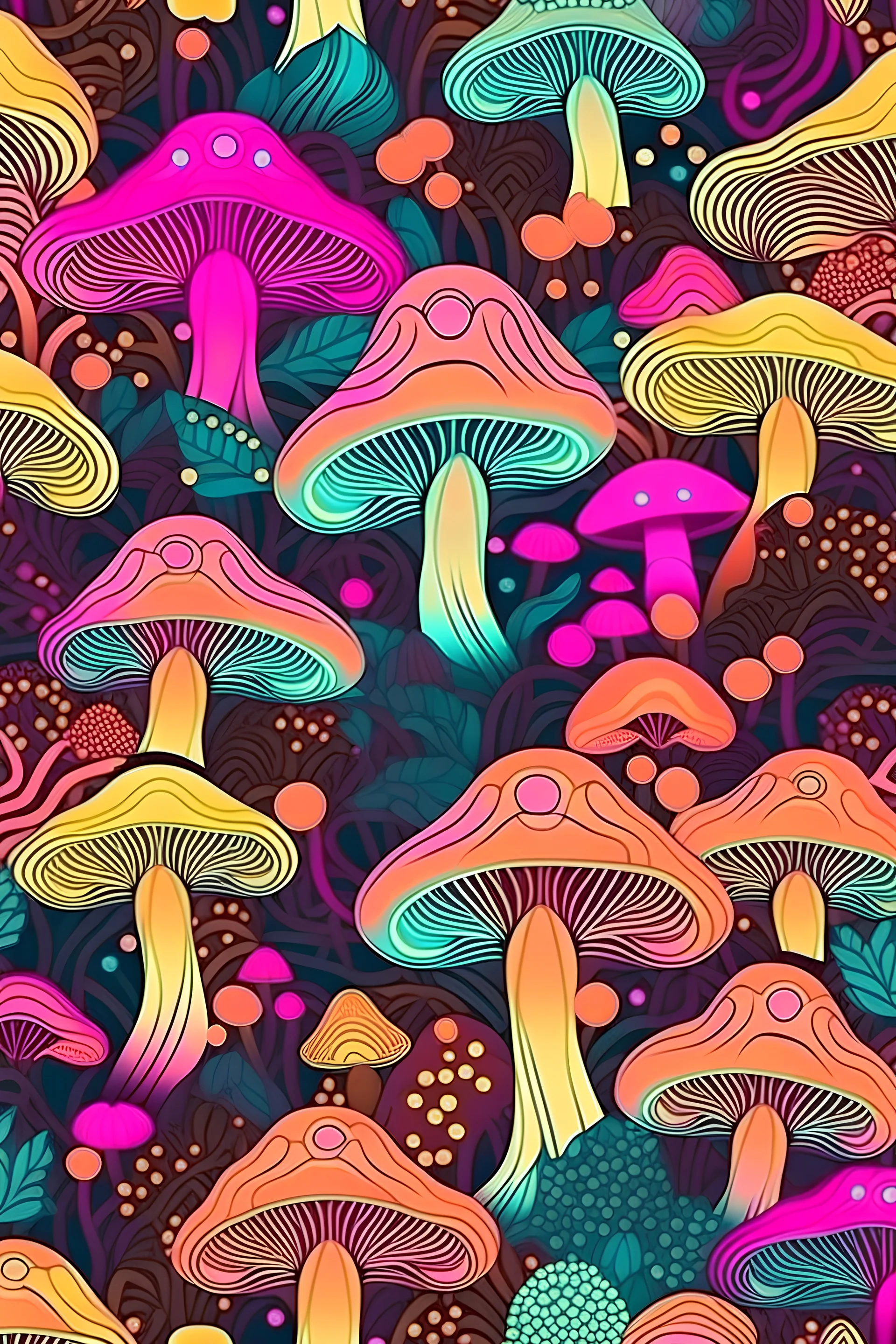 простой психоделический рисунок на фоне леса и травы необычного цвета с грибами и ветками деревьев тоже необычного цвета