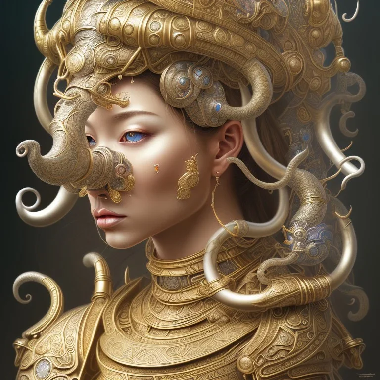 Sango fantasy, fantasy magic, intricate, sharp focus, illustration, highly detailed, digital painting, concept art, matte, art germ and Paul Lewin and Kehinde Wiley, masterpiece silver elephant head bronze Buddha Asian African girl nice breast Hawaiian hair turquoise golden waves