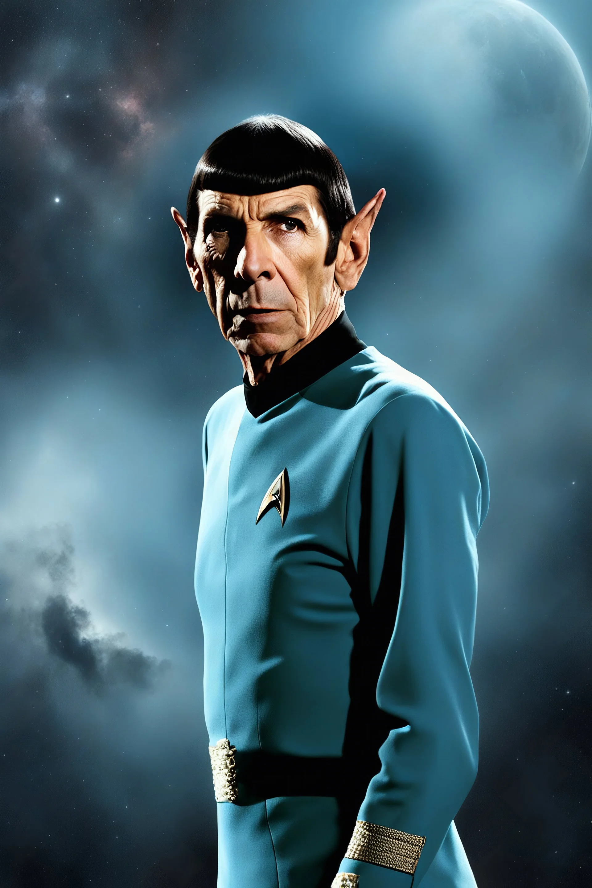 full-length image, Star Trek, extremely muscular Leonard Nimoy as Commander Spock, blue tunic, ultra details, extremely sharp focus, the background of the image is a dark and tenebrous illumination with a reddish fog, ultra-high definition, 16k resolution, masterpiece, Outer Space, Stars, planets, cosmic clouds, galaxies, fog, mist, clouds, smoke, extremely colorful