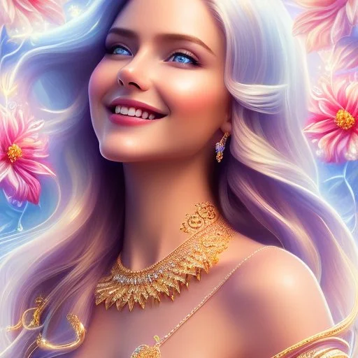 Beautyful smiling young woman, long hair amazing blue eyes, flowers, happy cosmic, bright colors, blue, pink, gold, jewels, realistic, photo real, clear sunny background, highly detailed, high contrast, 8k high definition, unreal engine 5, extremely sharp detail, light effect, sunny light background