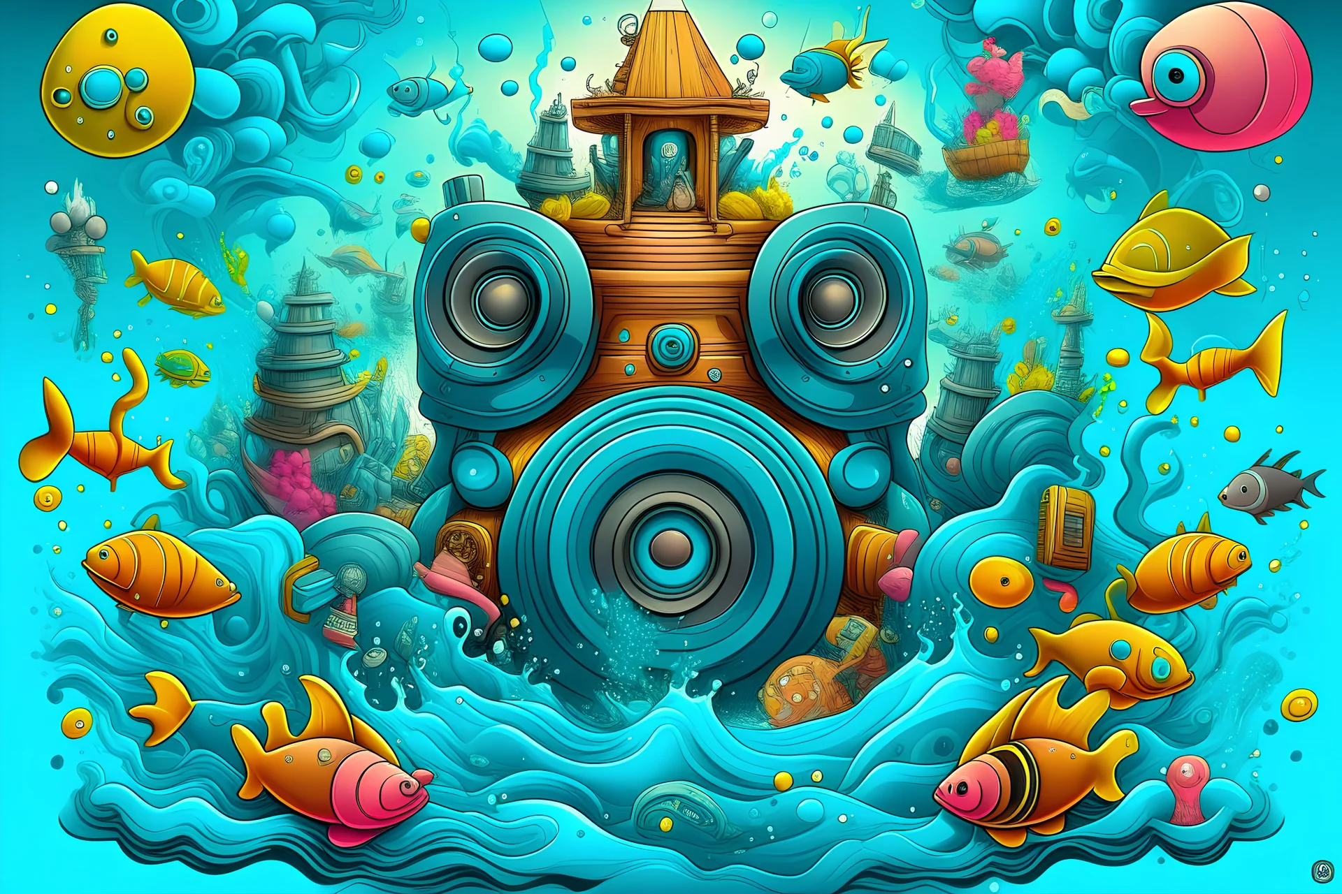 underwater ultra detailed 3d graffitti style music festival poster with massive speakers and people dancing with sea creatures