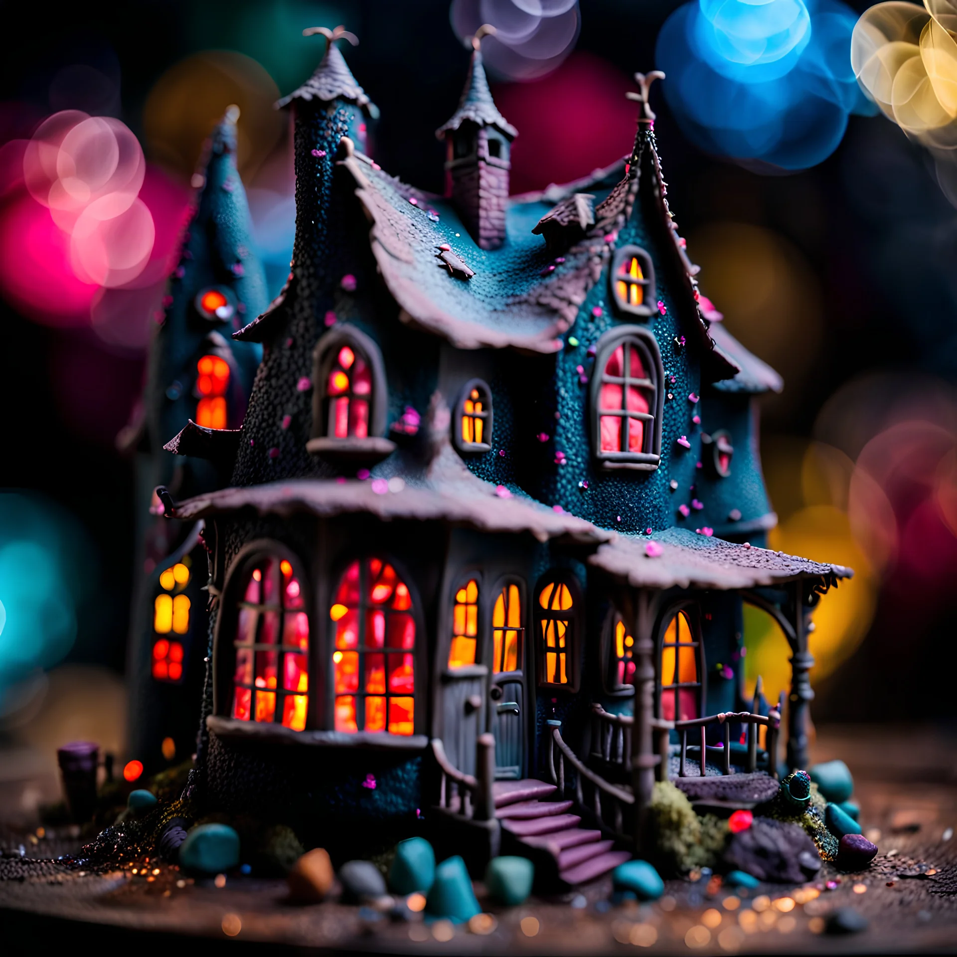 Detailed creepy house made of modeling clay, figures, naïve, Tim Burton, strong texture, extreme detail, Max Ernst, decal, rich moody colors, sparkles, Yves Tanguy, bokeh, odd