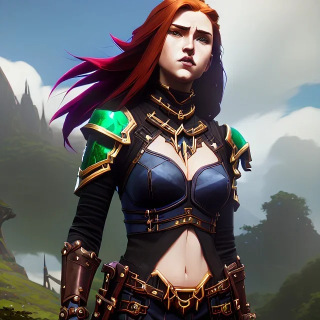 hyper realist, hyper detailed, stunningly beautiful teen girl, long ginger hair, green eyes, medium freckles, full lips, skimpy fantasy intricate leather armour, full body and head, c-cup breasts, aroused expression, biting lower lip, full frame, petite, centered camera, ignore NSFW