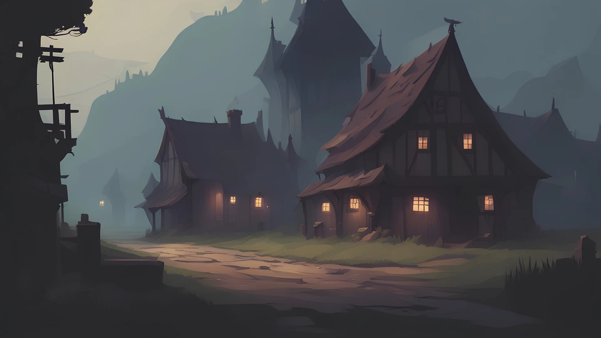 a painting of street in medieval dark fantasy farm, DISCIPLES II, Nevendaar, dark fantasy, gothic, gloomy :: bright weather, daylight, rainy day, foggy, medieval fahwerk village :: traditional architecture, dark fantasy scene painting :: a storybook illustration by James Gilleard, behance contest winner, 2d game art, storybook illustration, rich color palette