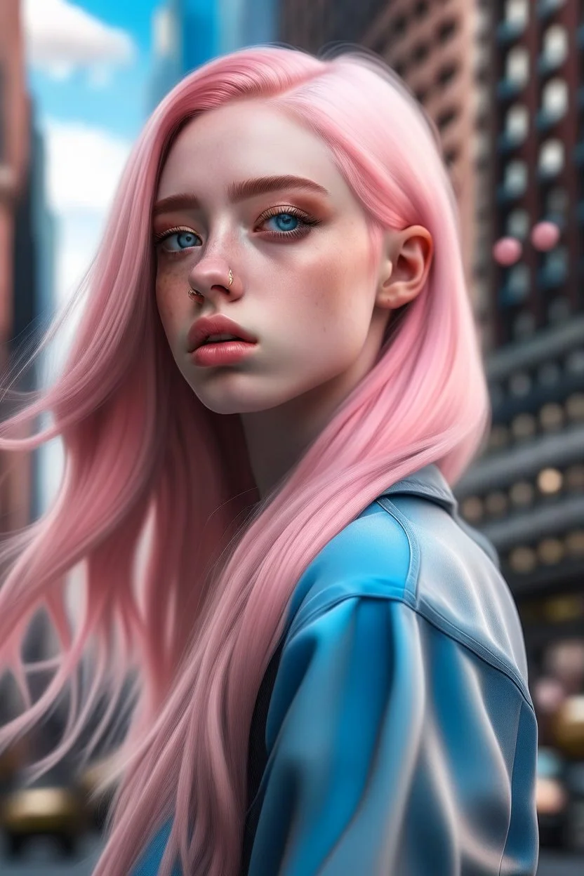 Hyper realistic model with long pastel pink hair and blue eyes in a city scape