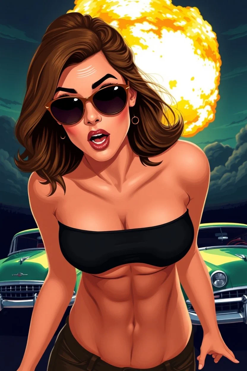 an attractive woman leaning forward(cropped from between nose and hips, cleavage, hands at sides of face, with surprised expression, wearing sunglasses, nuclear explosion and 1950s Cars in background, digital illustration