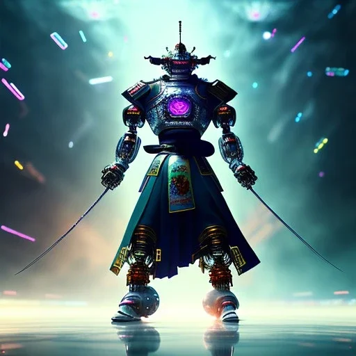 A portrait of a crystalised robot samurai with yakuza tatu, atmospheric, realistic, unreal engine cosmic galactic, cinematic lighting, octane render, random colors, transparent, cosmic ambiance, masterpiece, art by Yoji Shinkawa, composing fit inside