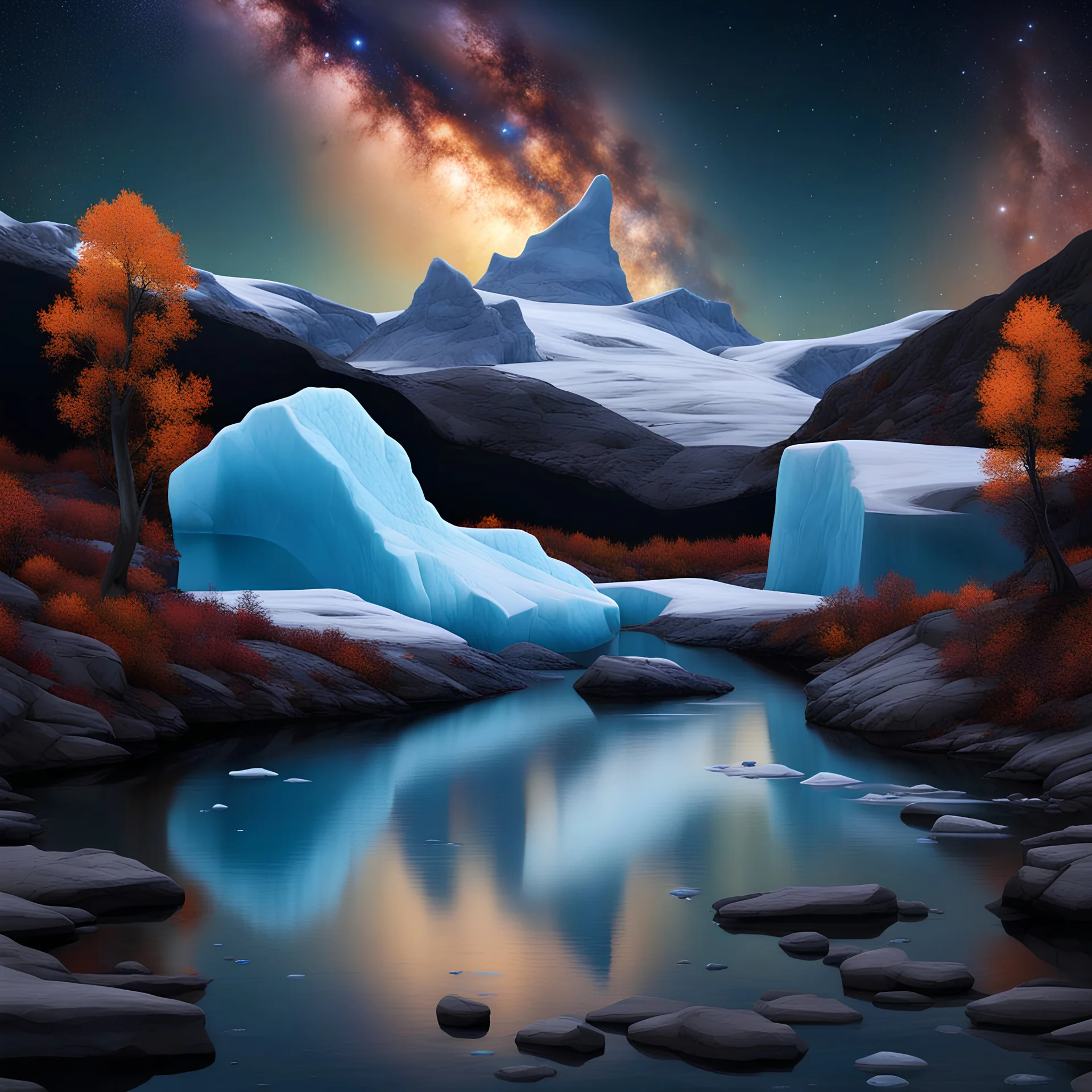 Icebergs, autumn trees, canyons, starry sky