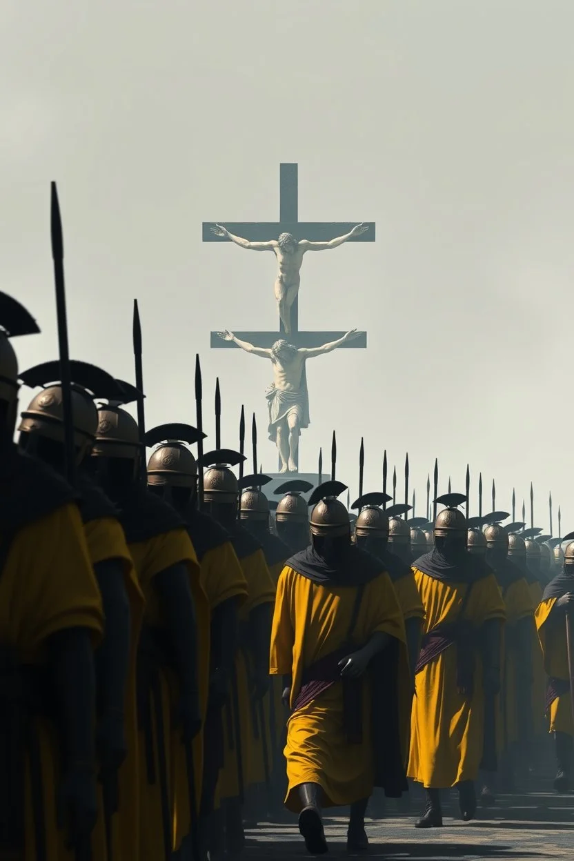 "A conceptual black-and- dark yellow, digital illustration of a massive roman warriors walking in the same direction, heads down, symbolizing conformity. Jesus on the cross in the background, The atmosphere feels lifeless and repetitive, emphasizing the ordinary mindset of the majority."