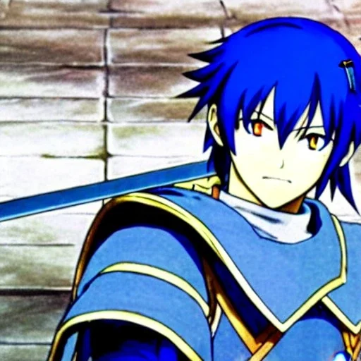 fire emblem, anime, screenshot, ova, 90s anime, marth, boy, blue hair, prince, sword, fantasy setting, fire emblem marth, fullbody, with background