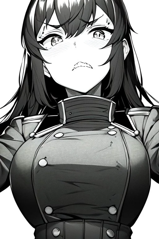 military girl, angry face, close-up, greyscale