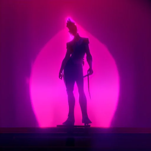 The silhouette of a musical performer in the spotlight. - very noticeable shadows - very realistic details - style: "synthwave"